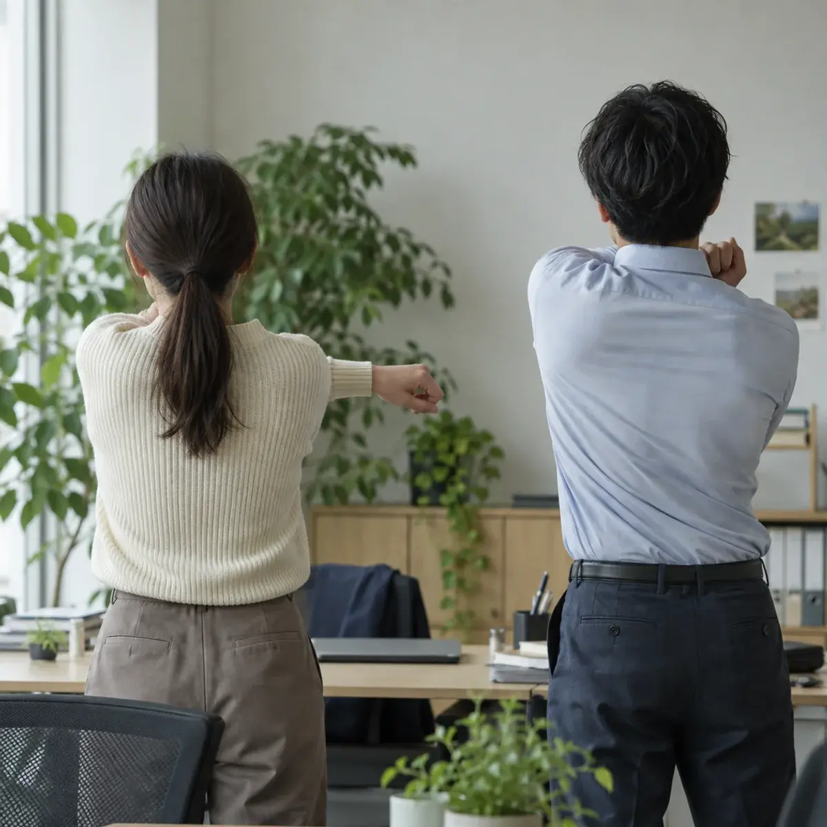 オフィスで肩のストレッチをする社員の後ろ姿。生成した健康経営のイメージ